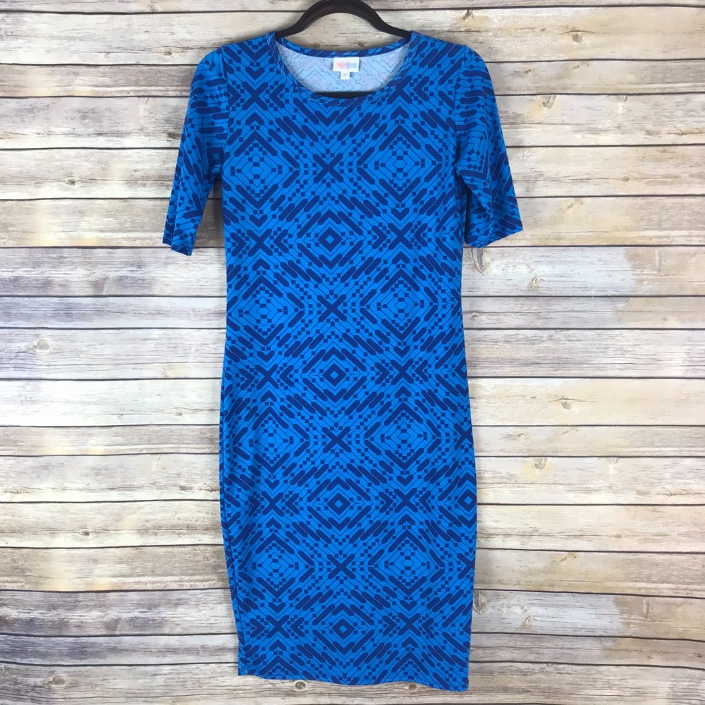 Lularoe Dress Womens XS Blue Julia T-Shirt Geometric Short Sleeve Pullover Knit